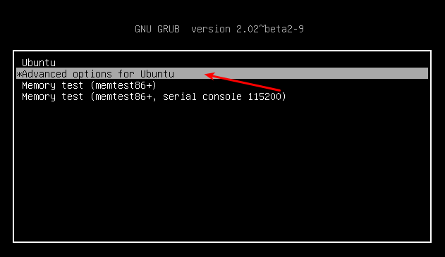 Ubuntu GRUB menu showing advanced options